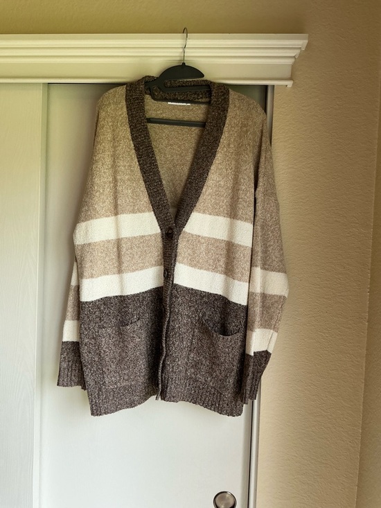 Staccato Sweaters - Staccato Beige, Brown & White Striped Women's Cardigan
